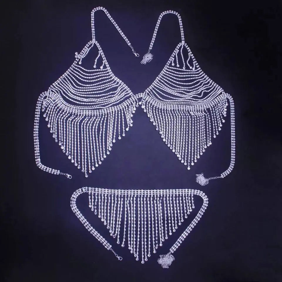 Tassel Rhinestone Chains Lingerie Bra Thong Women Sexy Bikini