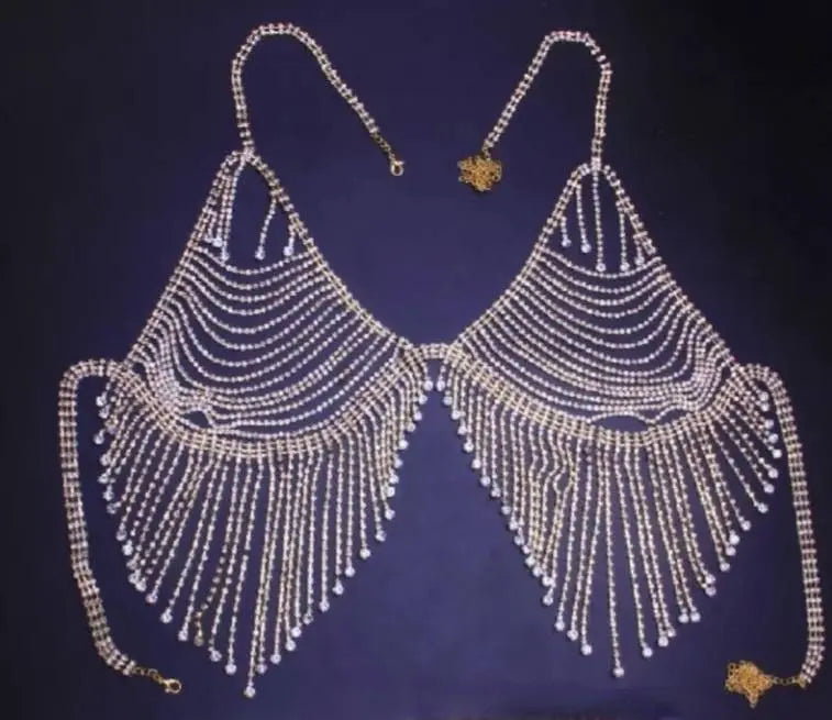 Rhinestone Bra Chest Chain Crystal Body Harness Diamond Bikini Jewelry  Tassel Belly Dance Top For Beach Party Swimming Pool 