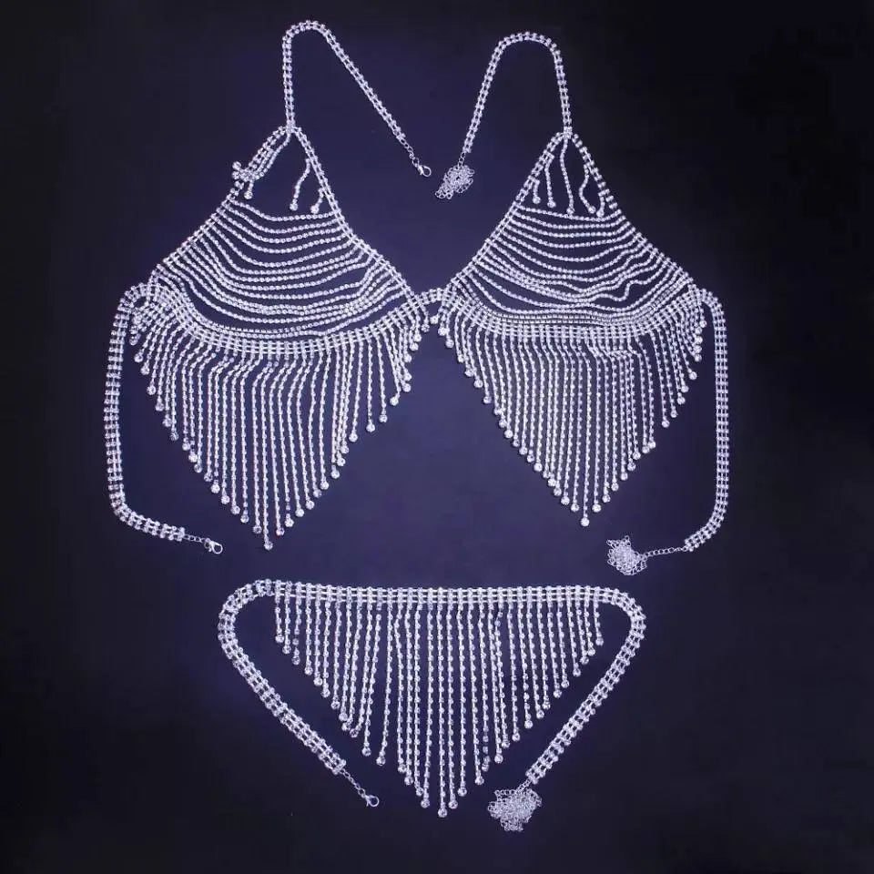 2 pc Bra Bikini Set Crystal Tassel Body Chains Belly Dance Skirts Rhinestones Sexy Bikini Summer Beach Hip Waist Beachwear JettsJewelers