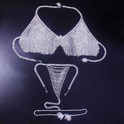 2 pc Bra Bikini Set Crystal Tassel Body Chains Belly Dance Skirts Rhinestones Sexy Bikini Summer Beach Hip Waist Chain Nightclub Jewelry - JettsJewelers
