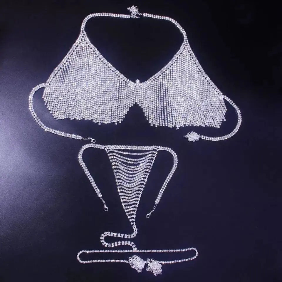 2 pc Bra Bikini Set Crystal Tassel Body Chains Belly Dance Skirts Rhinestones Sexy Bikini Summer Beach Hip Waist Chain Nightclub Jewelry - JettsJewelers
