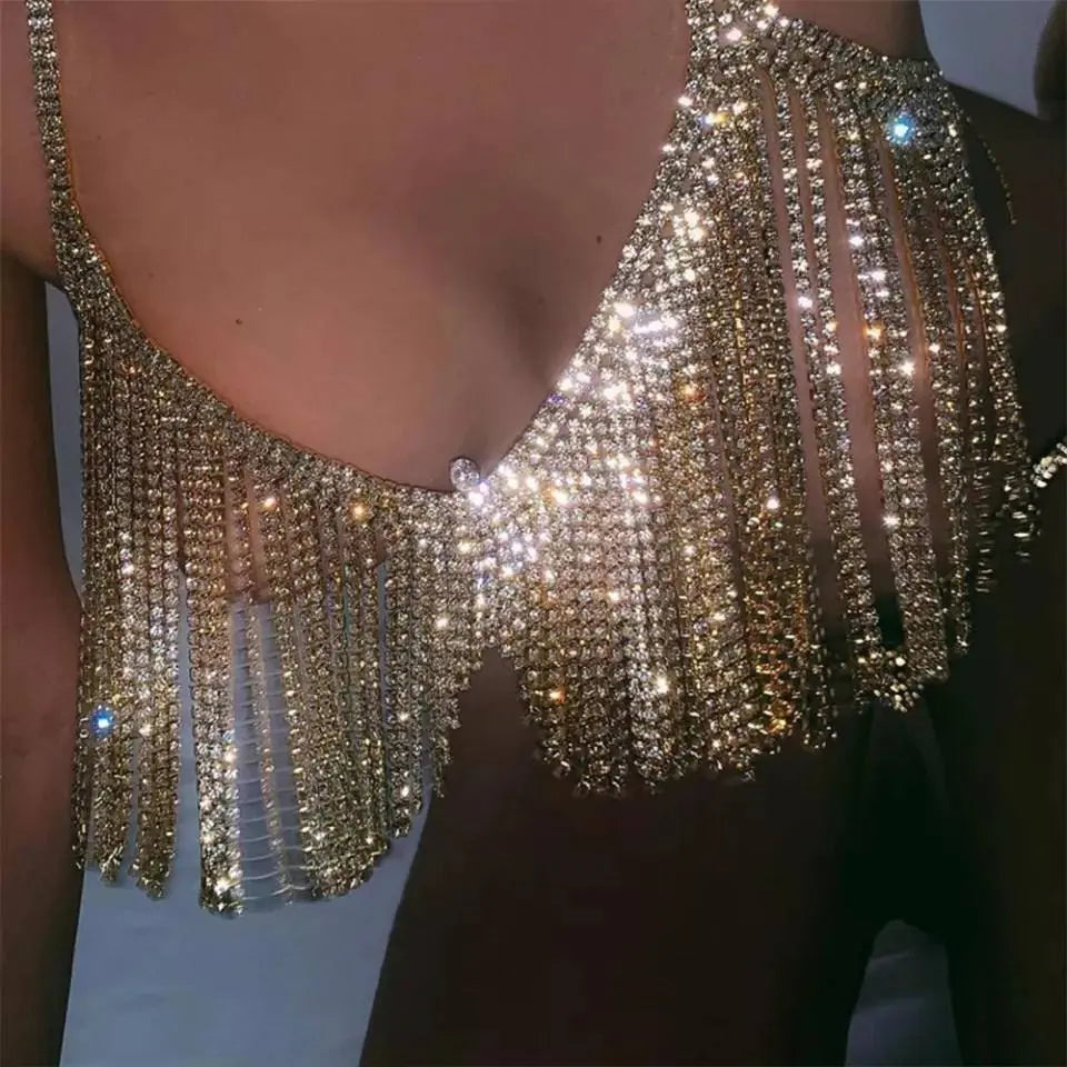 2 pc Bra Bikini Set Crystal Tassel Body Chains Belly Dance Skirts