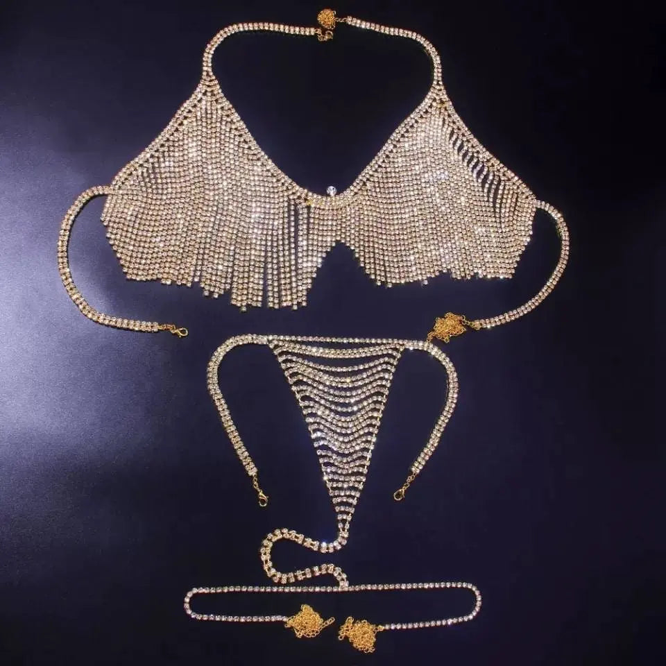 2 pc Bra Bikini Set Crystal Tassel Body Chains Belly Dance Skirts Rhinestones Sexy Bikini Summer Beach Hip Waist Chain Nightclub Jewelry - JettsJewelers