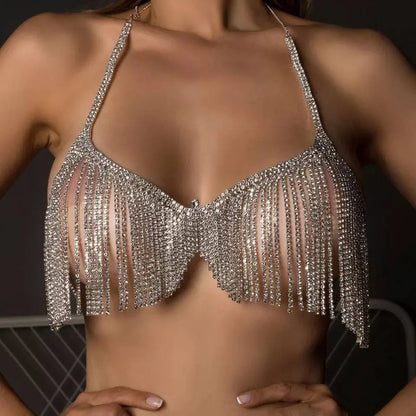 2 pc Bra Bikini Set Crystal Tassel Body Chains Belly Dance Skirts Rhinestones Sexy Bikini Summer Beach Hip Waist Chain Nightclub Jewelry - JettsJewelers