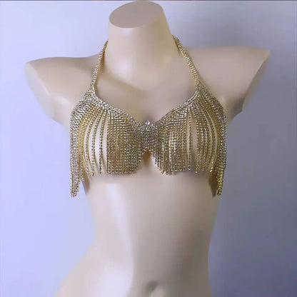 2 pc Bra Bikini Set Crystal Tassel Body Chains Belly Dance Skirts Rhinestones Sexy Bikini Summer Beach Hip Waist Chain Nightclub Jewelry - JettsJewelers