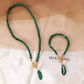 2 pc Replica Malachite Beads Green Leaf Pearl Necklace for Women Fashion Personality Metal Buckle Choker Jewelry with Bracelet - JettsJewelers