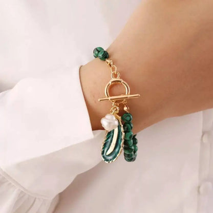2 pc Replica Malachite Beads Green Leaf Pearl Necklace for Women Fashion Personality Metal Buckle Choker Jewelry with Bracelet - JettsJewelers