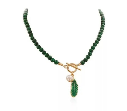 2 pc Replica Malachite Beads Green Leaf Pearl Necklace for Women Fashion Personality Metal Buckle Choker Jewelry with Bracelet - JettsJewelers
