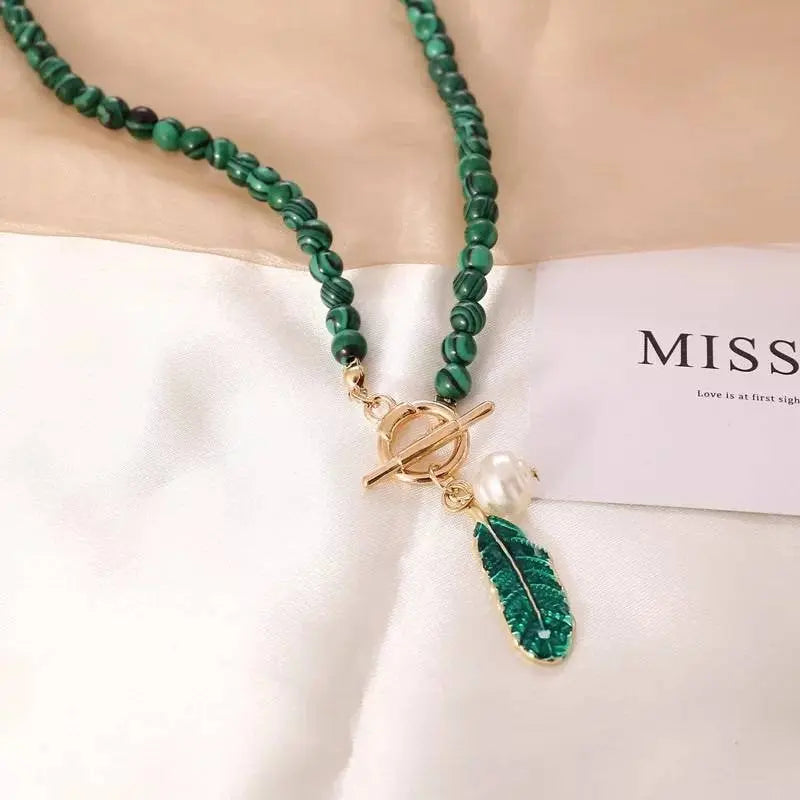 2 pc Replica Malachite Beads Green Leaf Pearl Necklace for Women Fashion Personality Metal Buckle Choker Jewelry with Bracelet - JettsJewelers