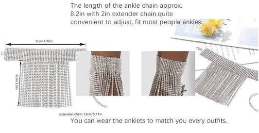 2 pc Rhinestone Ankle Bracelets Crystal Tassel Anklet 2pcs Glitter Tennis Foot Chain Wedding Jewelry Accessories For Women and Girls - JettsJewelers