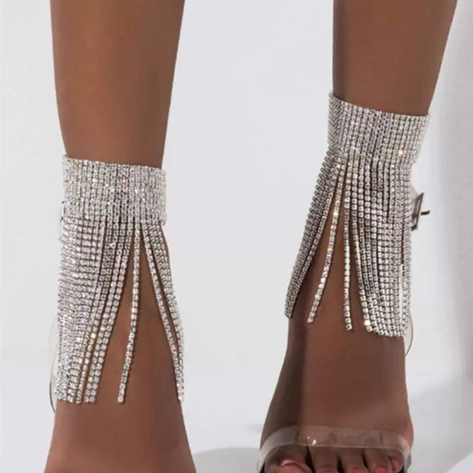 2 pc Rhinestone Ankle Bracelets Crystal Tassel Anklet 2pcs Glitter Tennis Foot Chain Wedding Jewelry Accessories For Women and Girls - JettsJewelers
