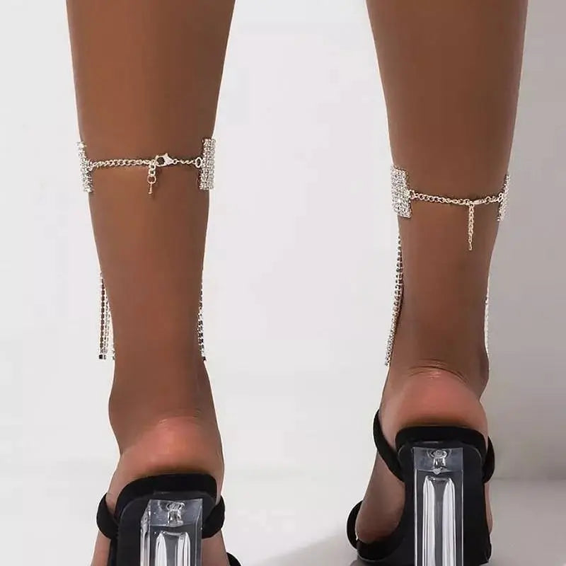 2 pc Rhinestone Ankle Bracelets Crystal Tassel Anklet 2pcs Glitter Tennis Foot Chain Wedding Jewelry Accessories For Women and Girls - JettsJewelers