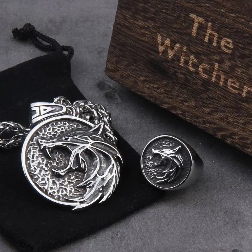 2 pc The Witcher Wizard Wolf Head Pendant necklace and Ring - JettsJewelers