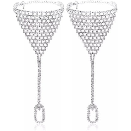 2 pc Triangle Adjustable Chain Barefoot Sandals Beach Wedding Jewelry Anklet with Rhinestone Toe Ring Leaf Bridal Toe JettsJewelers