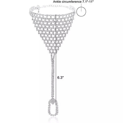 2 pc Triangle Adjustable Chain Barefoot Sandals Beach Wedding Jewelry Anklet with Rhinestone Toe Ring Leaf Bridal Toe JettsJewelers