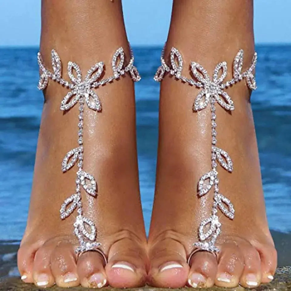 2 pc Women's Adjustable Chain Barefoot Sandals Beach Wedding Jewelry Anklet with Rhinestone Toe Ring Leaf Bridal Toe - JettsJewelers