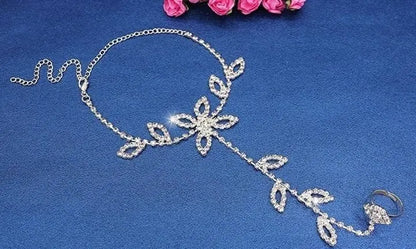 2 pc Women's Adjustable Chain Barefoot Sandals Beach Wedding Jewelry Anklet with Rhinestone Toe Ring Leaf Bridal Toe - JettsJewelers