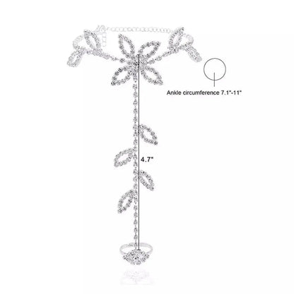 2 pc Women's Adjustable Chain Barefoot Sandals Beach Wedding Jewelry Anklet with Rhinestone Toe Ring Leaf Bridal Toe - JettsJewelers