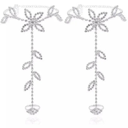 2 pc Women's Adjustable Chain Barefoot Sandals Beach Wedding Jewelry Anklet with Rhinestone Toe Ring Leaf Bridal Toe - JettsJewelers