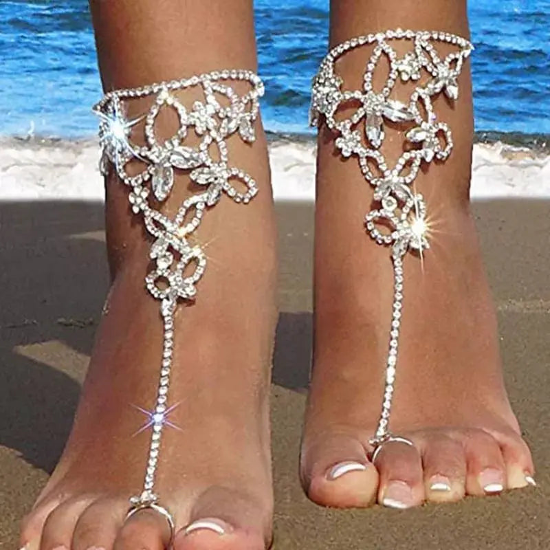2 pc Women's Adjustable Chain Butterfly Barefoot Sandals Beach Wedding Jewelry Anklet with Rhinestone Toe Ring Leaf Bridal Toe - JettsJewelers