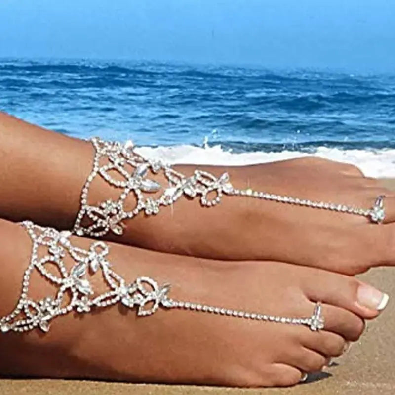 2 pc Women's Adjustable Chain Butterfly Barefoot Sandals Beach Wedding Jewelry Anklet with Rhinestone Toe Ring Leaf Bridal Toe - JettsJewelers