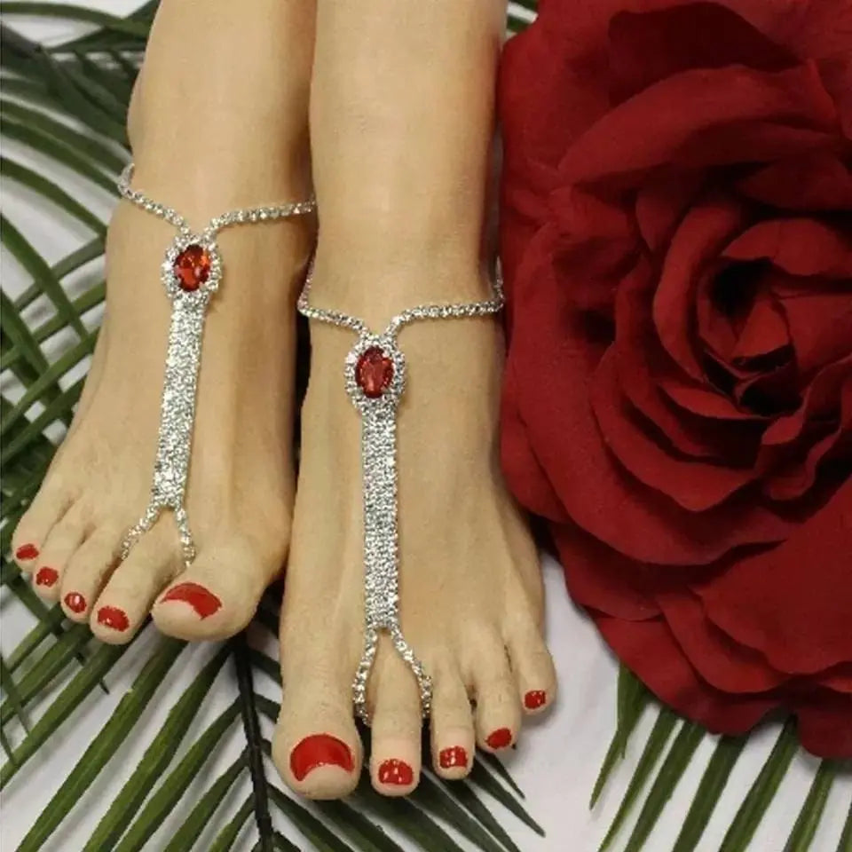 2 pc Women's Adjustable Chain Color Barefoot Sandals Beach Wedding Jewelry Anklet with Rhinestone Toe Ring Leaf Bridal - JettsJewelers