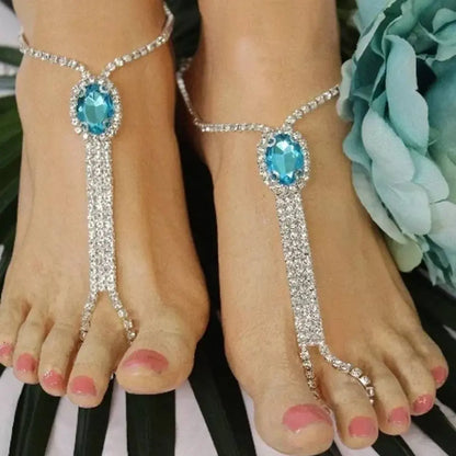 2 pc Women's Adjustable Chain Color Barefoot Sandals Beach Wedding Jewelry Anklet with Rhinestone Toe Ring Leaf Bridal - JettsJewelers