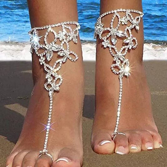 2 pc Women&#39;s Adjustable Chain Butterfly Barefoot Sandals Beach Wedding Jewelry Anklet with Rhinestone Toe Ring Leaf Bridal Toe JettsJewelers