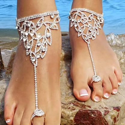 2 pc Women's Adjustable Chain Flower Petals Barefoot Sandals Beach Wedding Jewelry Anklet with Rhinestone Toe Ring Leaf Bridal JettsJewelers