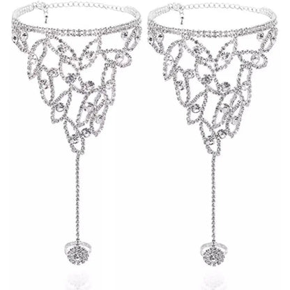 2 pc Women's Adjustable Chain Flower Petals Barefoot Sandals Beach Wedding Jewelry Anklet with Rhinestone Toe Ring Leaf Bridal JettsJewelers