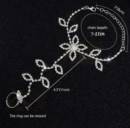 2 pc Womens Adjustable Chain Barefoot Sandals Beach Wedding Jewelry Anklet with Rhinestone Toe Ring Leaf Bridal Toe JettsJewelers