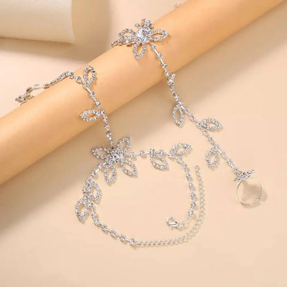 2 pc Womens Adjustable Chain Barefoot Sandals Beach Wedding Jewelry Anklet with Rhinestone Toe Ring Leaf Bridal Toe JettsJewelers