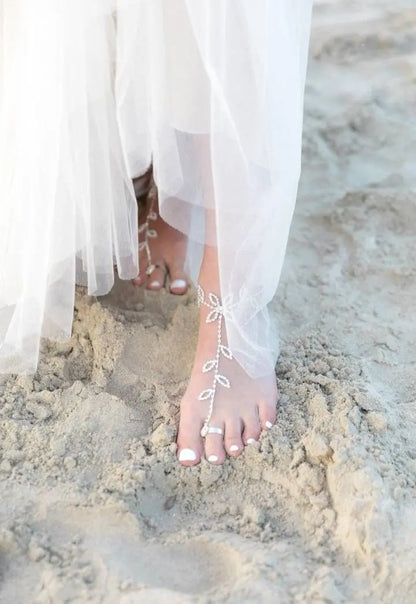 2 pc Womens Adjustable Chain Barefoot Sandals Beach Wedding Jewelry Anklet with Rhinestone Toe Ring Leaf Bridal Toe JettsJewelers