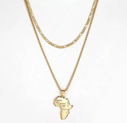 2pc 14K Gold Plated African Map Pendant Necklace with Gold Chain, Men Jewelry 18 and 24" Long Chain  Women Gift