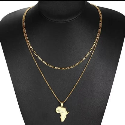 2pc 14K Gold Plated African Map Pendant Necklace with Gold Chain, Men Jewelry 18 and 24" Long Chain  Women Gift