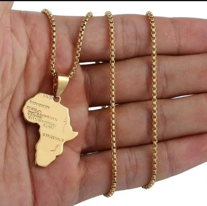 2pc 14K Gold Plated African Map Pendant Necklace with Gold Chain, Men Jewelry 18 and 24" Long Chain  Women Gift