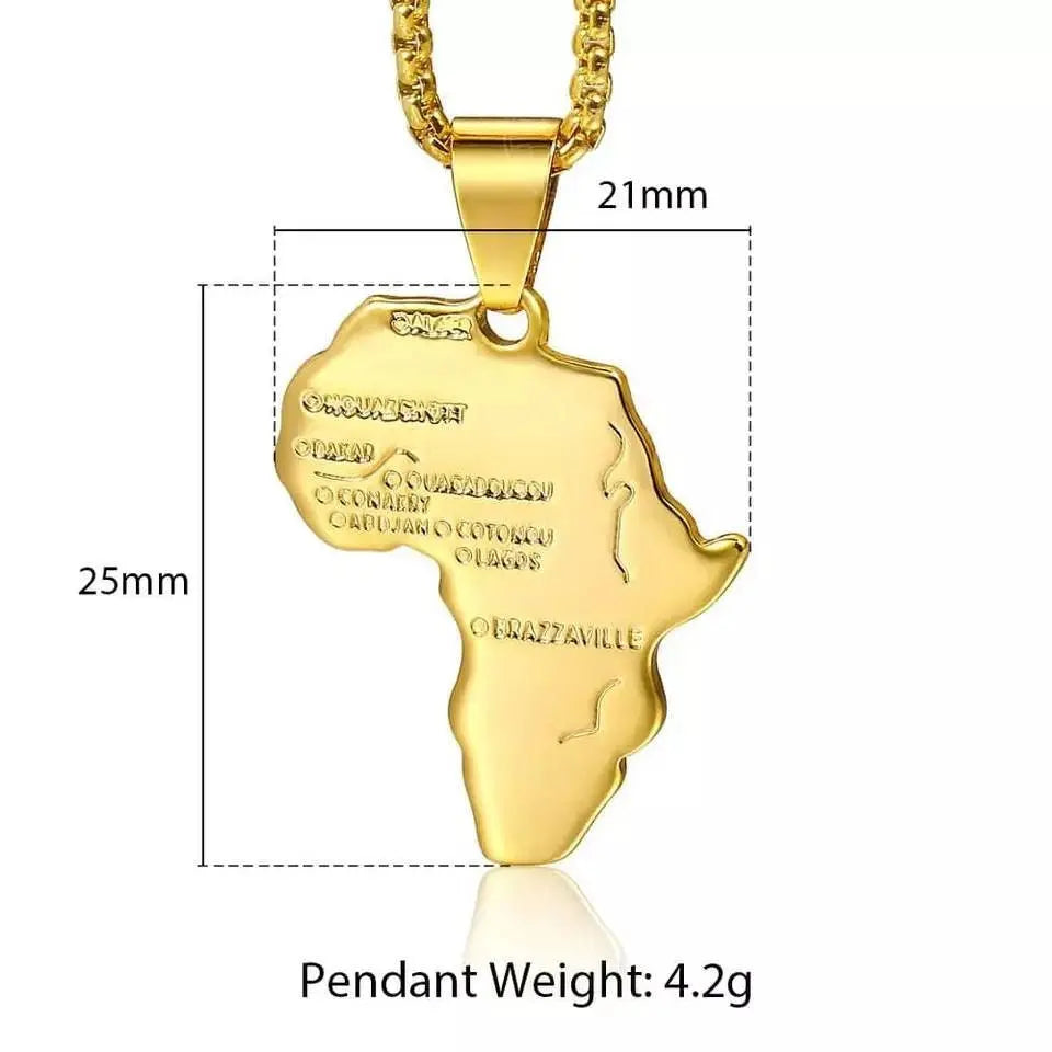 2pc 14K Gold Plated African Map Pendant Necklace with Gold Chain, Men Jewelry 18 and 24" Long Chain  Women Gift
