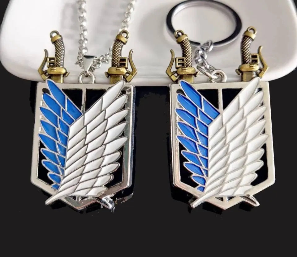 2pc Attack on Titan Necklace Keychain Set - Wings of Freedom Pendant Necklace Survey Corps Key Chain for Anime Fans Removable Weapons - JettsJewelers