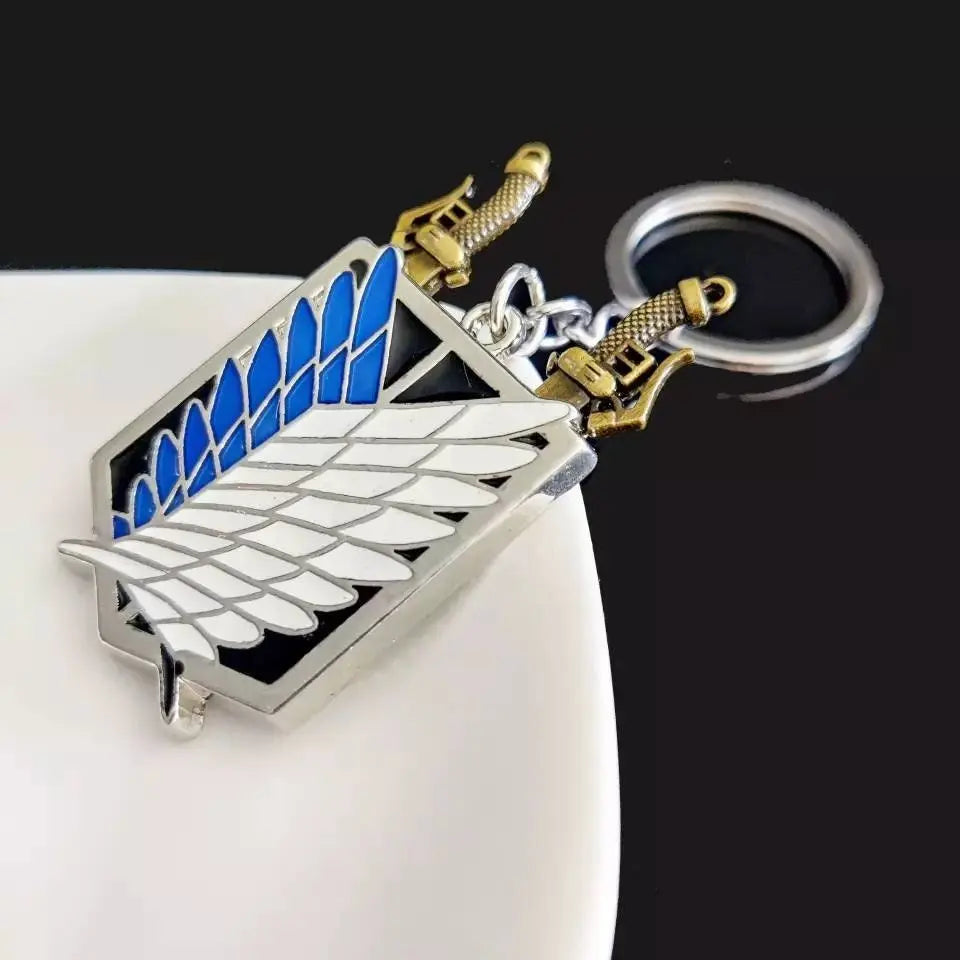 2pc Attack on Titan Necklace Keychain Set - Wings of Freedom Pendant Necklace Survey Corps Key Chain for Anime Fans Removable Weapons - JettsJewelers