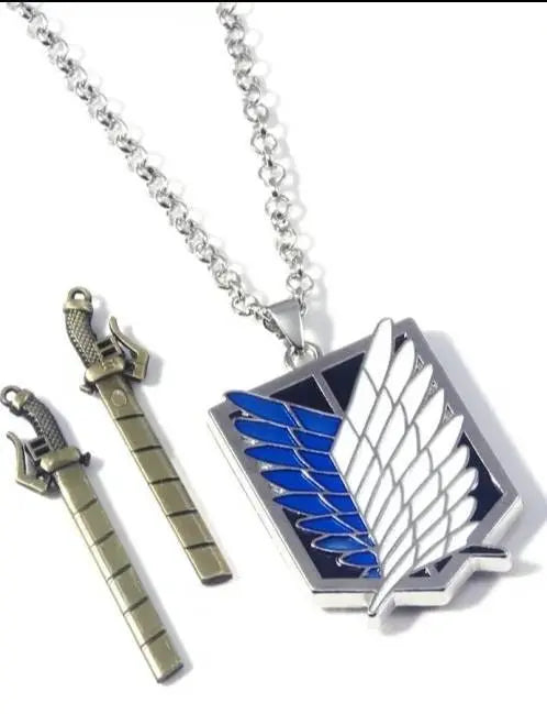 2pc Attack on Titan Necklace Keychain Set - Wings of Freedom Pendant Necklace Survey Corps Key Chain for Anime Fans Removable Weapons - JettsJewelers