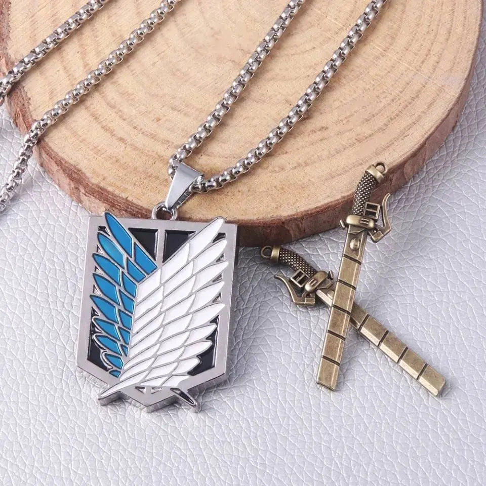 2pc Attack on Titan Necklace Keychain Set - Wings of Freedom Pendant Necklace Survey Corps Key Chain for Anime Fans Removable Weapons - JettsJewelers