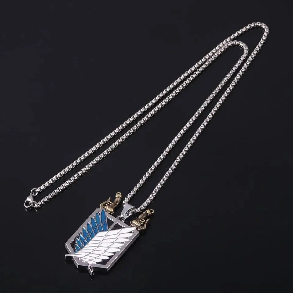 2pc Attack on Titan Necklace Keychain Set - Wings of Freedom Pendant Necklace Survey Corps Key Chain for Anime Fans Removable Weapons - JettsJewelers