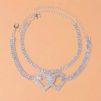 2pc Heart Rhinestones Anklet Foot Jewelry for Women Beach Barefoot Chain Bracelet On the Leg Accessories Gift - JettsJewelers
