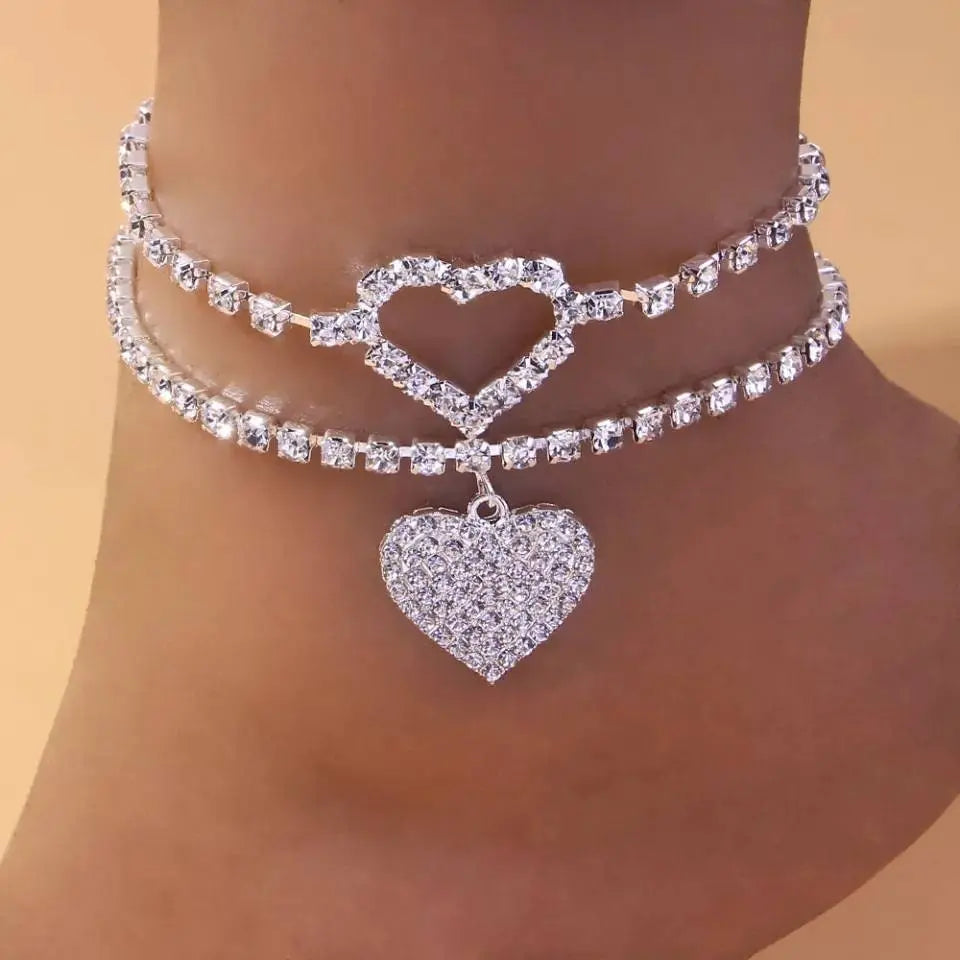 2pc Love Heart Rhinestones Anklet Foot Jewelry for Women Beach Barefoot Chain Bracelet On the Leg Accessories Gift - JettsJewelers