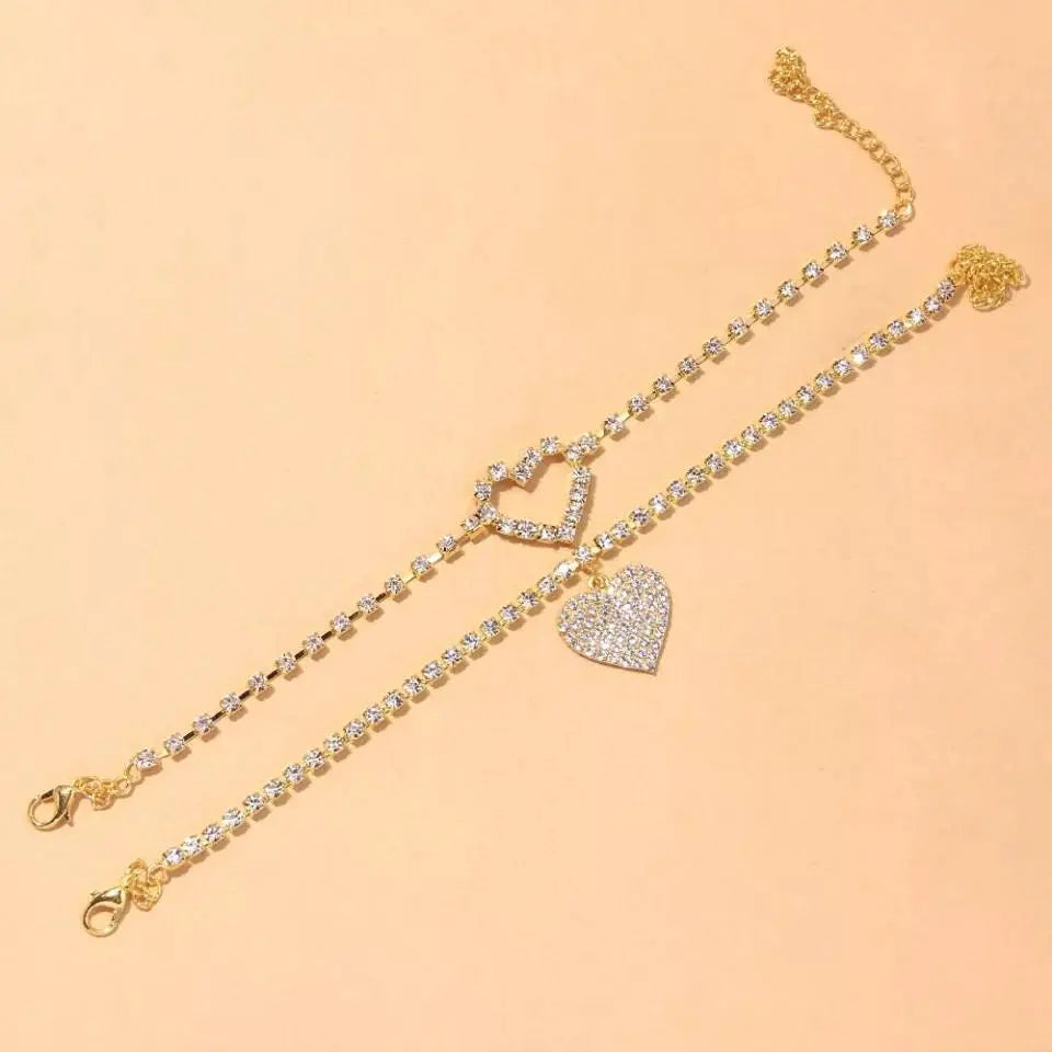 2pc Love Heart Rhinestones Anklet Foot Jewelry for Women Beach Barefoot Chain Bracelet On the Leg Accessories Gift - JettsJewelers