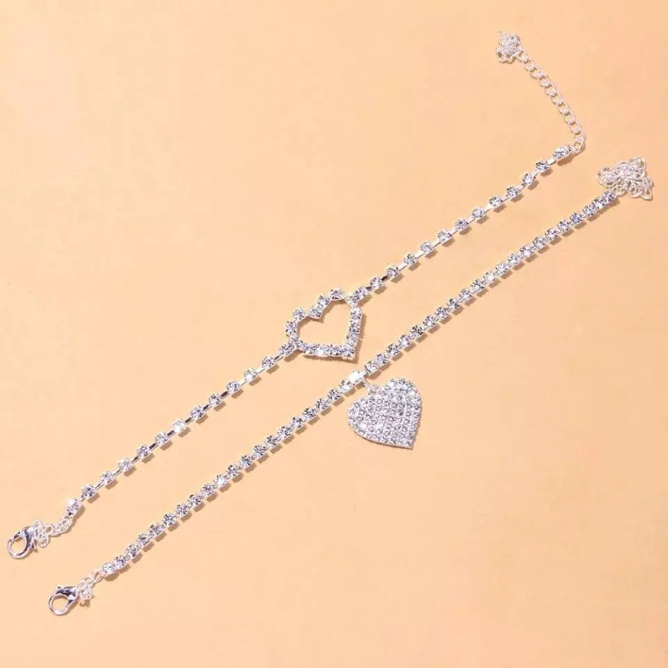 2pc Love Heart Rhinestones Anklet Foot Jewelry for Women Beach Barefoot Chain Bracelet On the Leg Accessories Gift - JettsJewelers