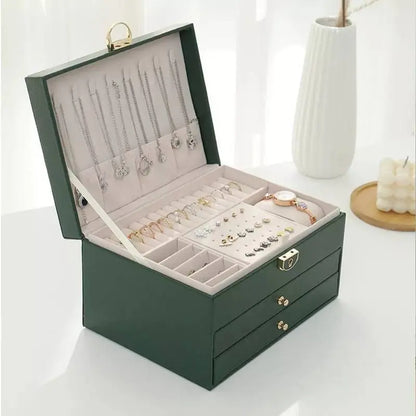 3 Layer Large Jewelry Storage Case, PU Leather Jewellery Organizer Holder with Lock Removable Ring and Earring Organizer for Necklace - JettsJewelers