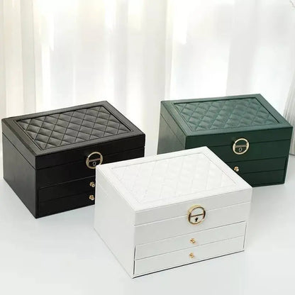 3 Layer Large Jewelry Storage Case, PU Leather Jewellery Organizer Holder with Lock Removable Ring and Earring Organizer for Necklace - JettsJewelers