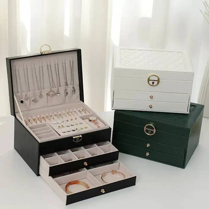 3 Layer Large Jewelry Storage Case, PU Leather Jewellery Organizer Holder with Lock Removable Ring and Earring Organizer for Necklace - JettsJewelers