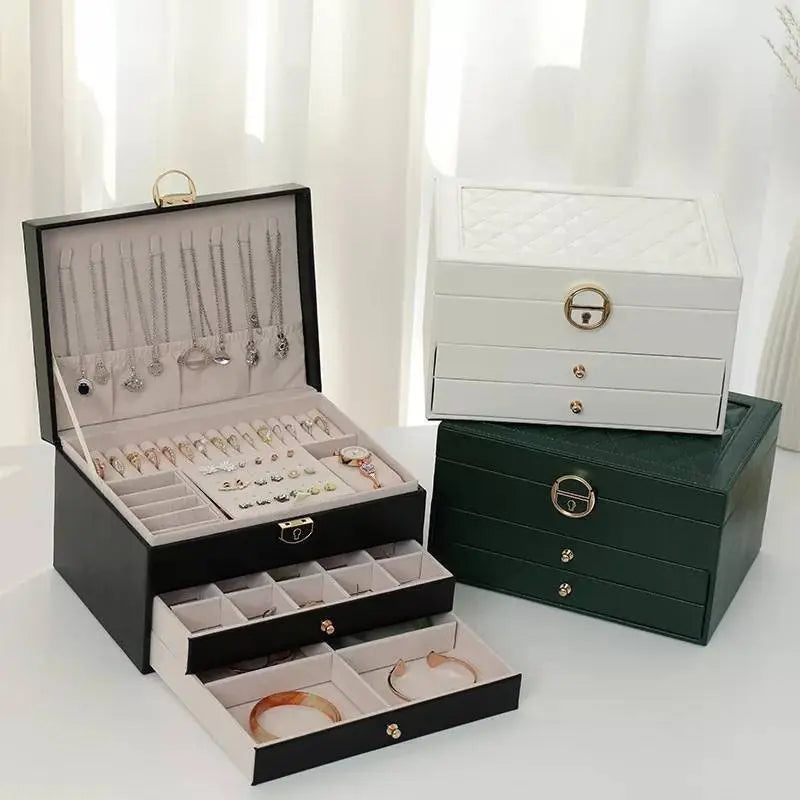 3 Layer Large Jewelry Storage Case, PU Leather Jewellery Organizer Holder with Lock Removable Ring and Earring Organizer for Necklace - JettsJewelers